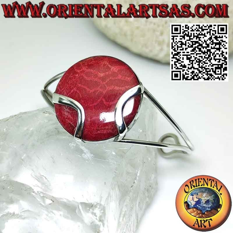 Bracelet rigide en argent avec madrepora rouge rond (corail).