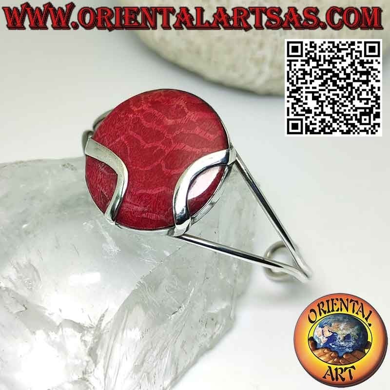 Bracelet rigide en argent avec madrepora rouge rond (corail).
