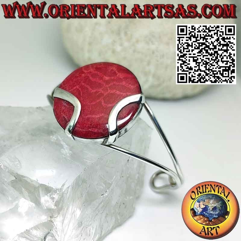 Bracelet rigide en argent avec madrepora rouge rond (corail).
