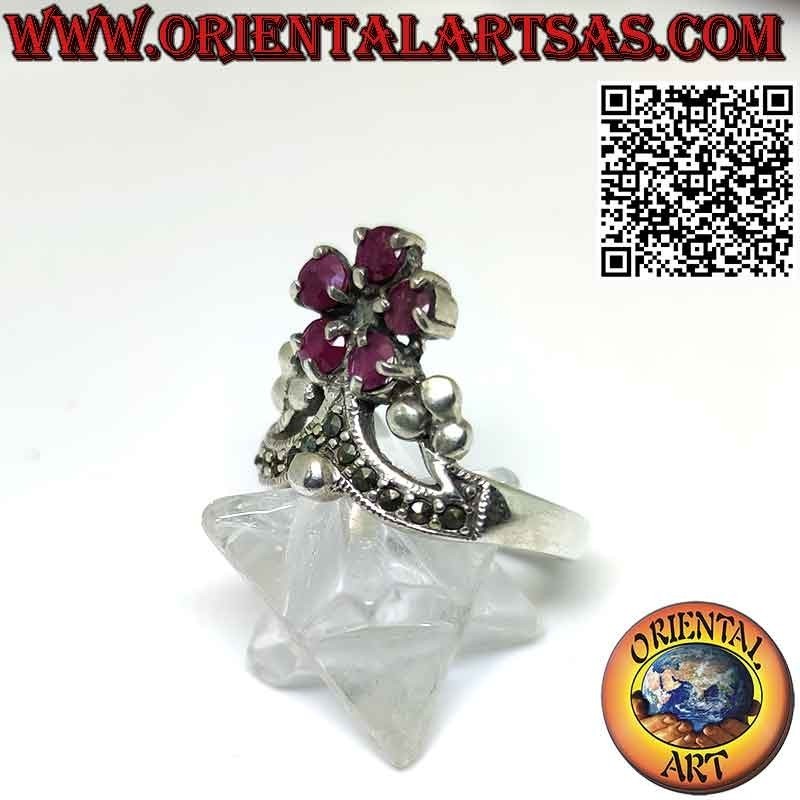 Silver crown ring with 5 round natural rubies and marcasite