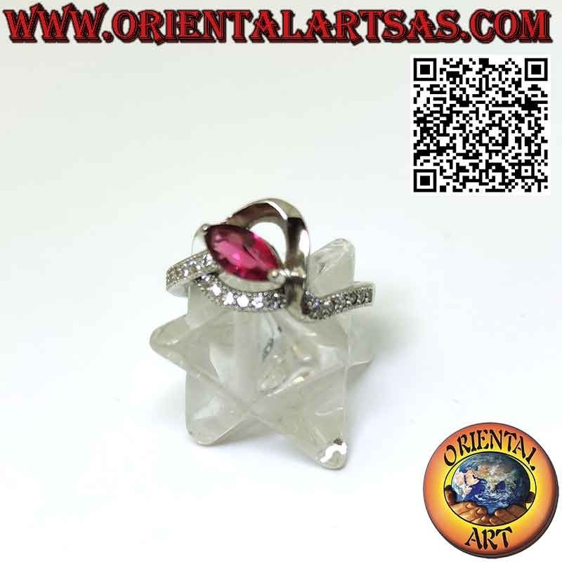 Silver ring with shuttle ruby and zircons in a beautiful setting