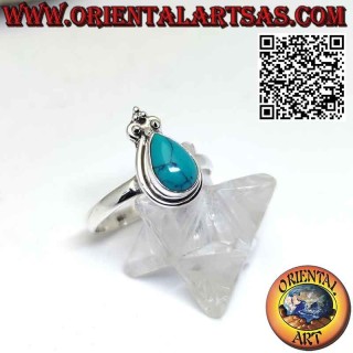 Silver ring with droplet turquoise with smooth edge and crown lily