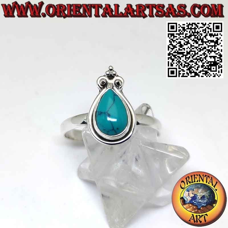 Anillo de plata con gota turquesa con borde liso y corona de lirio