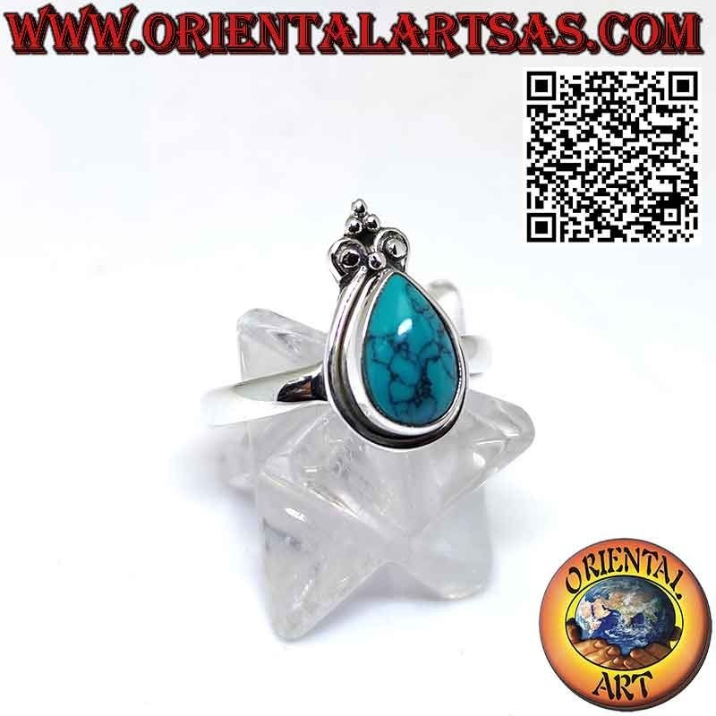 Anello in argento con turchese a goccia a bordo liscio e giglio a corona