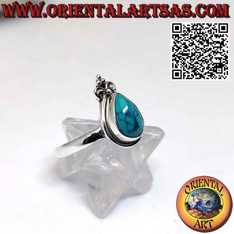 Anillo de plata con gota turquesa con borde liso y corona de lirio