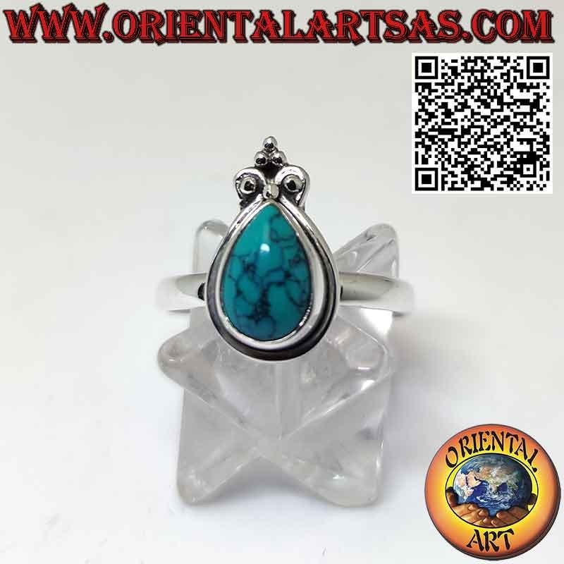 Silver ring with droplet turquoise with smooth edge and crown lily