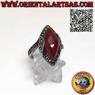Silver ring with shuttle carnelian and raised marcasite on the sides