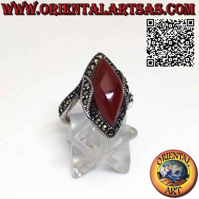 Silver ring with shuttle carnelian and raised marcasite on the sides