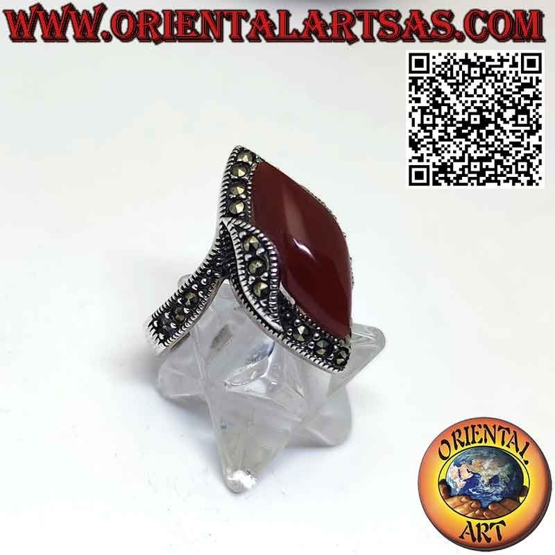 Silver ring with shuttle carnelian and raised marcasite on the sides