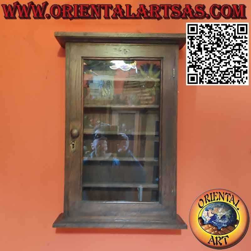 Schmale Wandvitrine aus massivem Teakholz