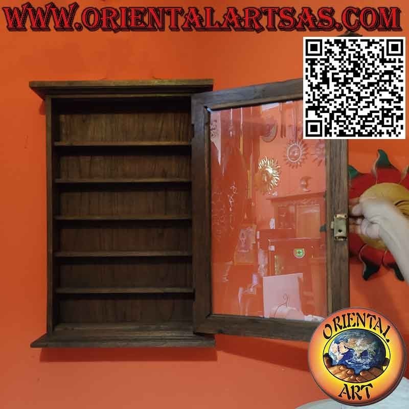 Schmale Wandvitrine aus massivem Teakholz