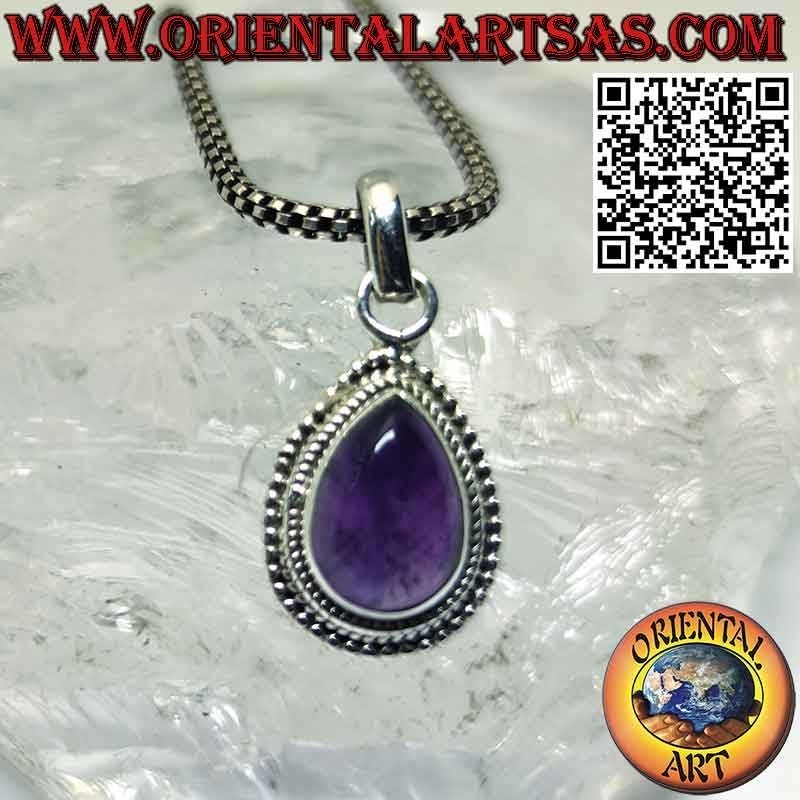 Colgante de plata con amatista natural en gota abatanada con esferas en el borde
