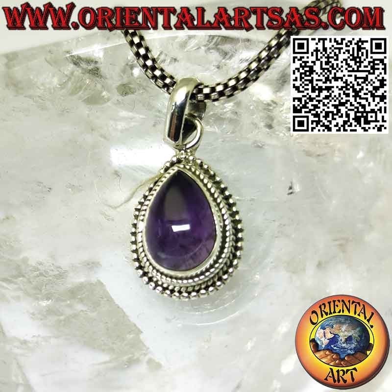 Colgante de plata con amatista natural en gota abatanada con esferas en el borde