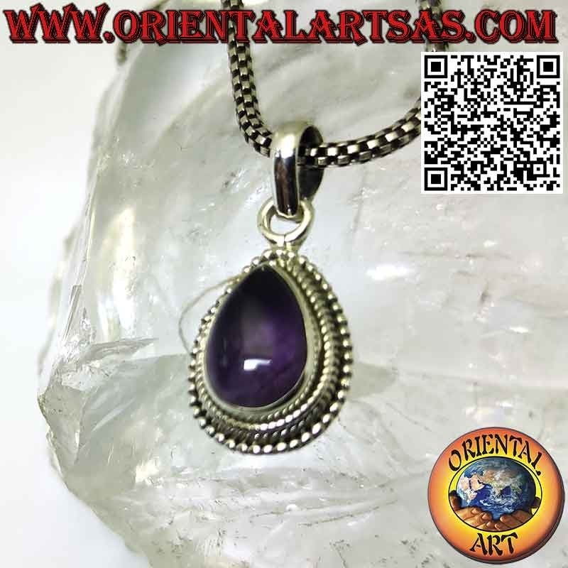 Silberanhänger mit natürlichem getrommeltem Amethyst mit Kugeln am Rand