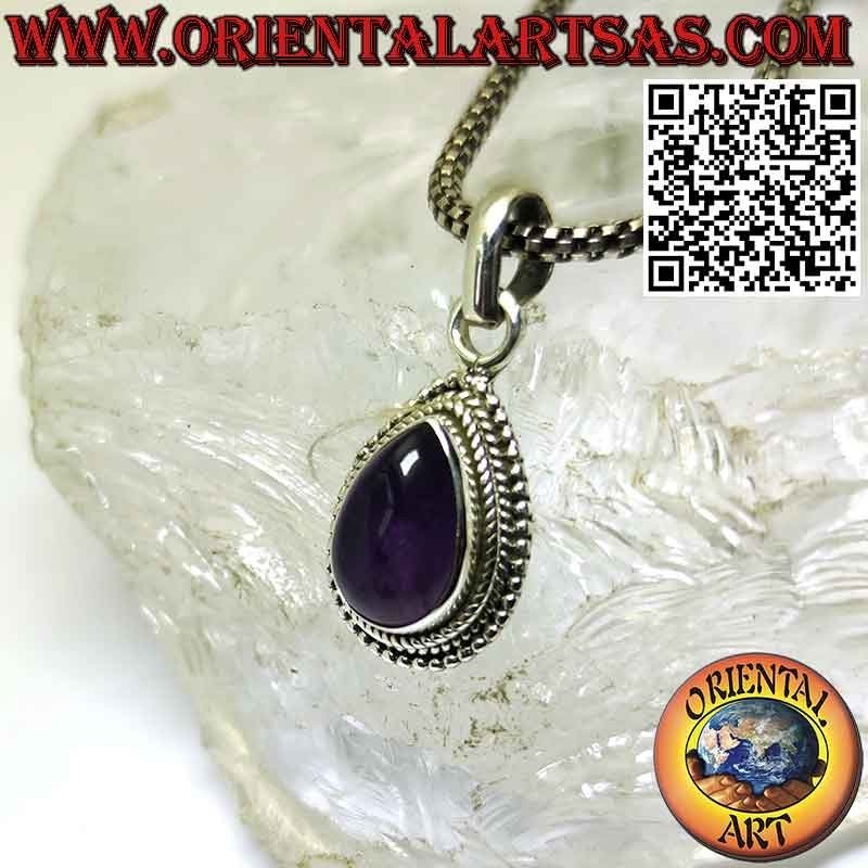 Silberanhänger mit natürlichem getrommeltem Amethyst mit Kugeln am Rand