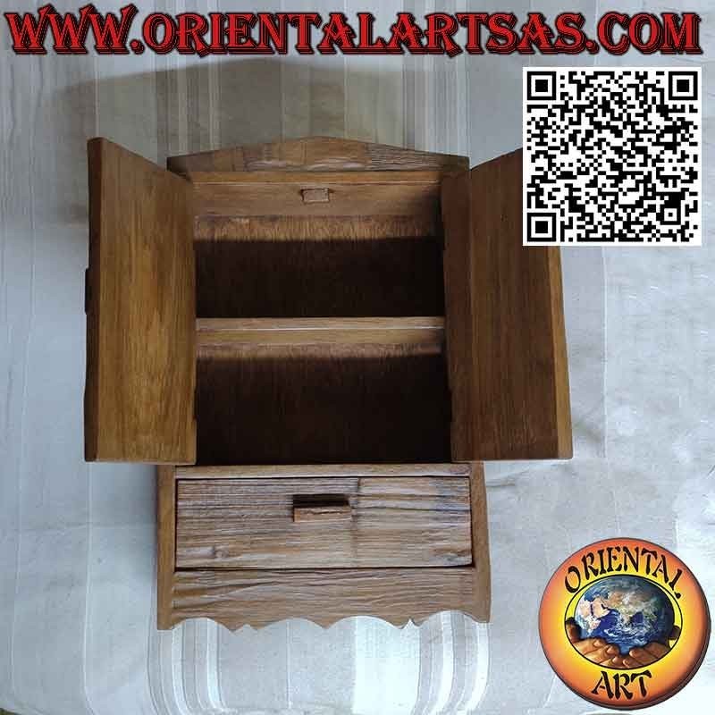 Bacheca a due ante, un ripiano e un cassetto in legno di teak antico
