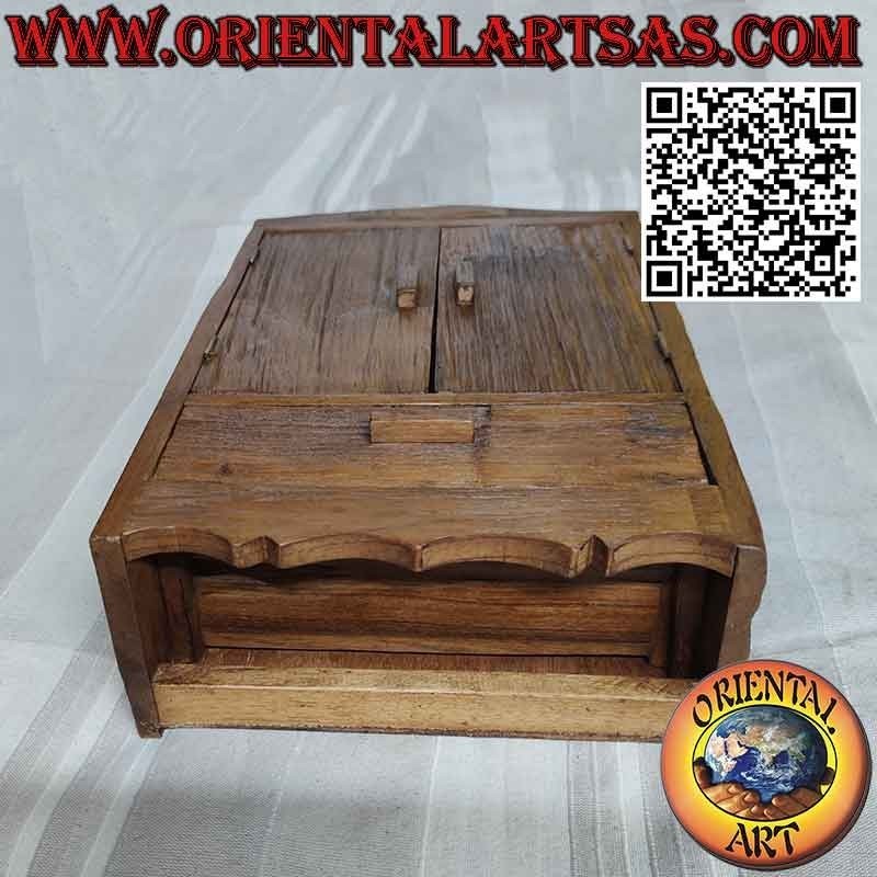 Tablón de anuncios con dos puertas, un estante y un cajón en madera de teca antigua