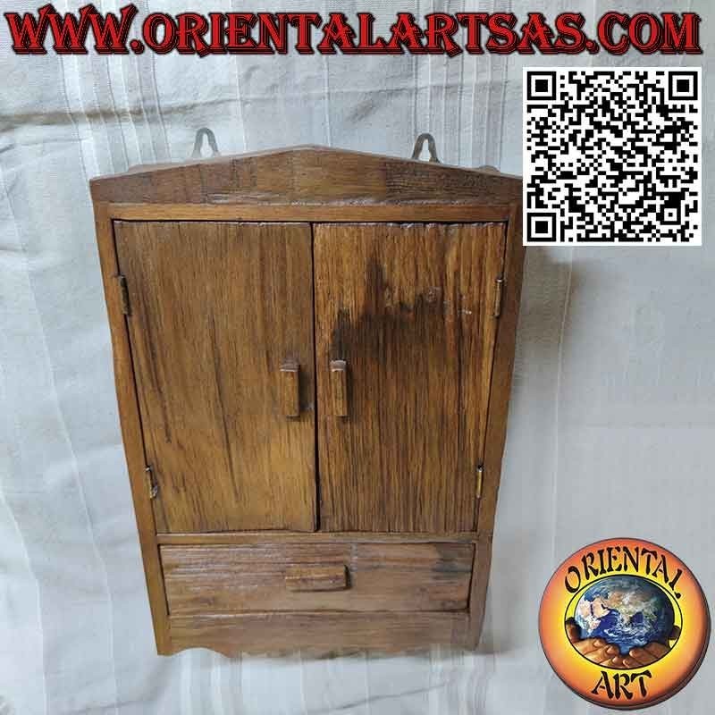 Notice board with two doors, a shelf and a drawer in antique teak wood