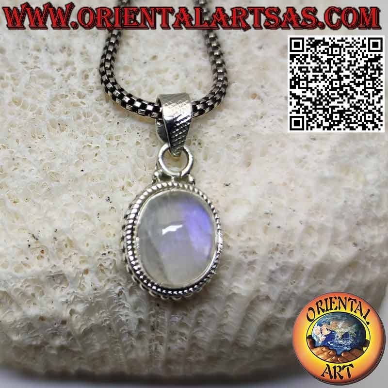 Silver pendant with oval rainbow moonstone adorned with spheres
