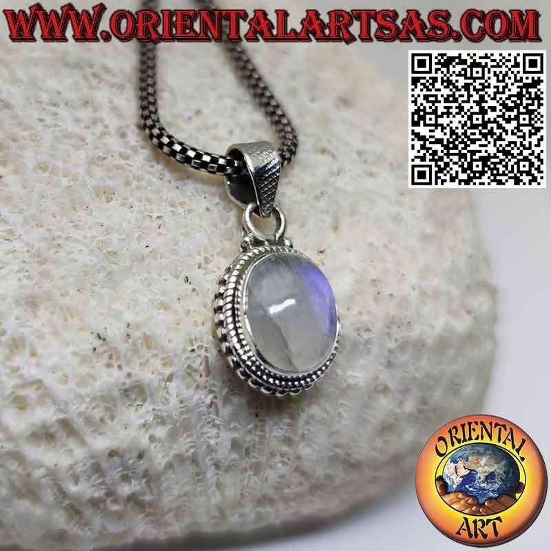 Silver pendant with oval rainbow moonstone adorned with spheres