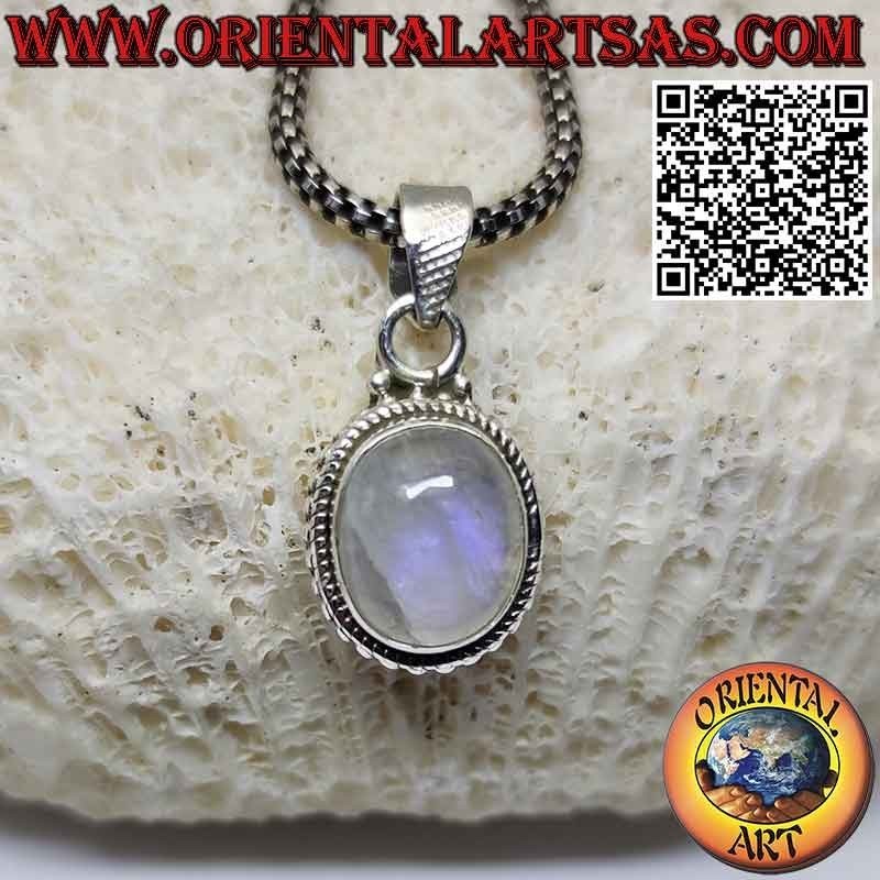 Colgante de plata con piedra luna arcoíris ovalada adornada con esferas