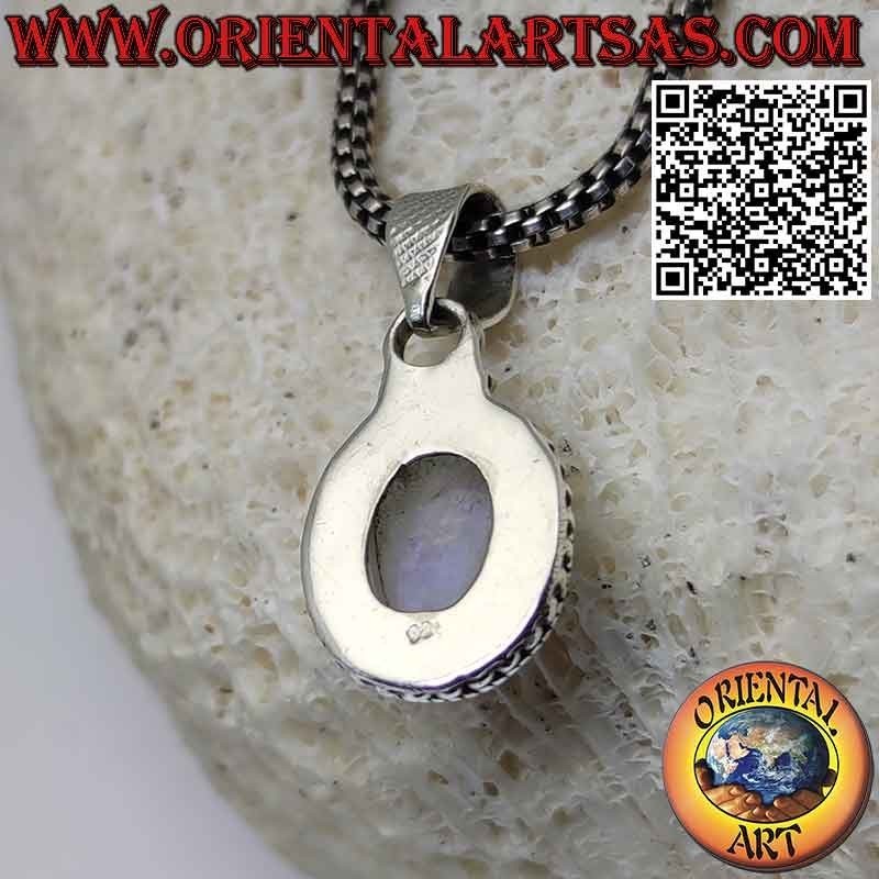 Silver pendant with oval rainbow moonstone adorned with spheres