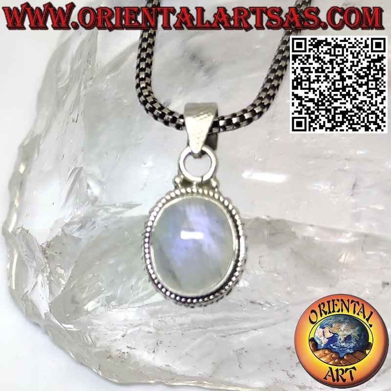 Silver pendant with oval rainbow moonstone adorned with spheres