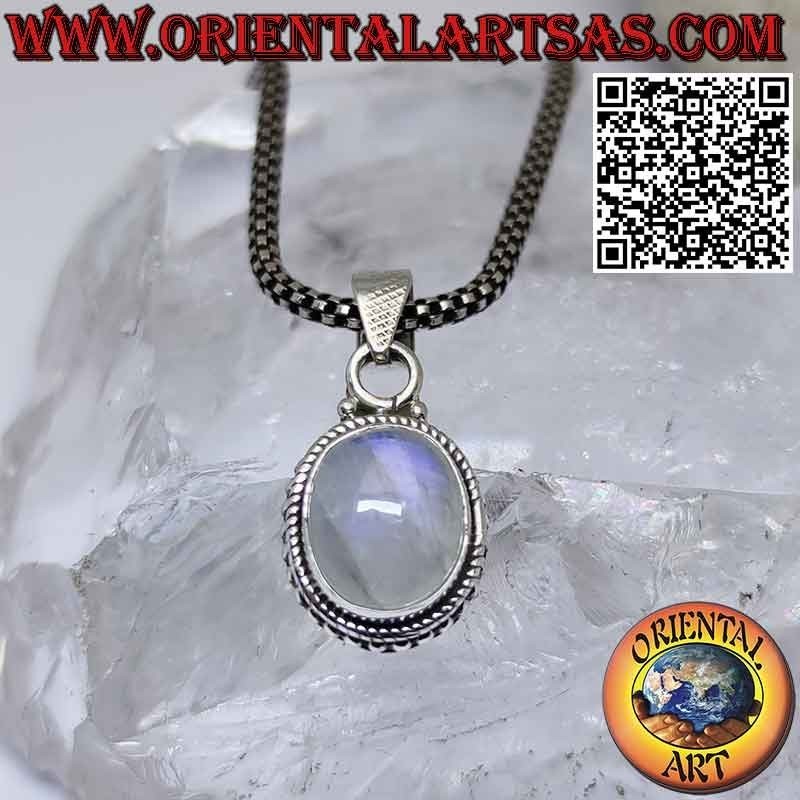 Colgante de plata con piedra luna arcoíris ovalada adornada con esferas