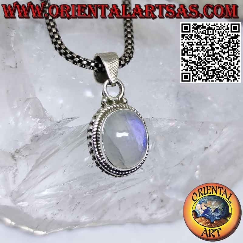 Pendentif en argent avec pierre de lune arc-en-ciel ovale ornée de sphères