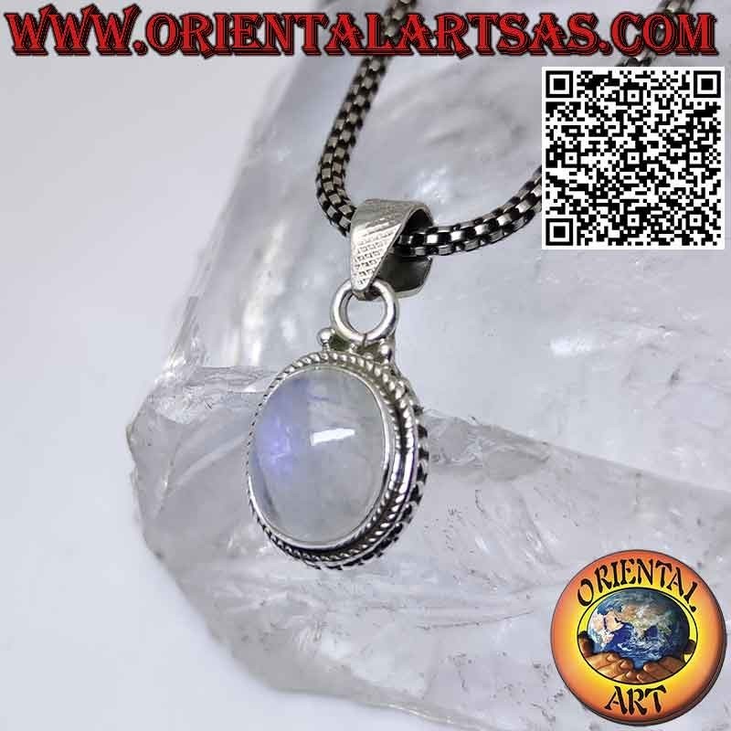 Silver pendant with oval rainbow moonstone adorned with spheres
