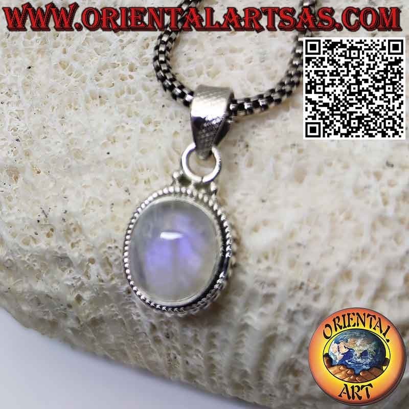 Colgante de plata con piedra luna arcoíris ovalada adornada con esferas