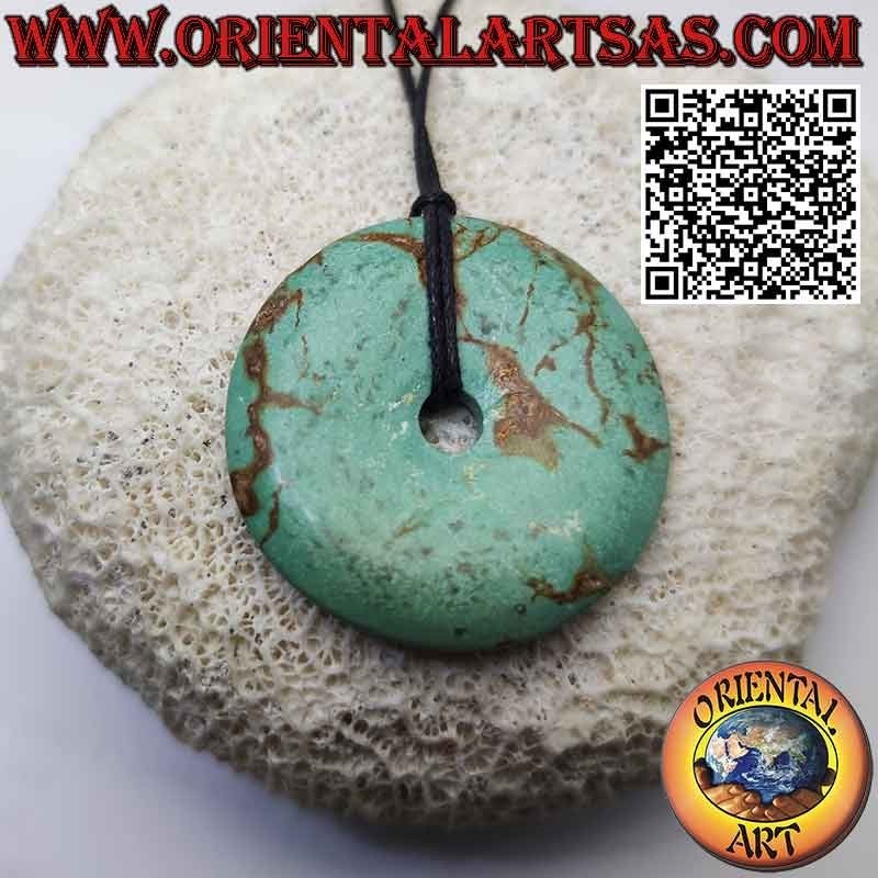 Ciondolo a disco/ciambella in turchese tibetano antico da 38 mm. Ø (cordoncino incluso)