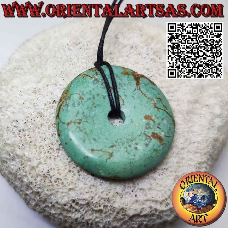 Colgante de disco / anillo de turquesa tibetano antiguo de 38 mm. Ø (cable incluido)
