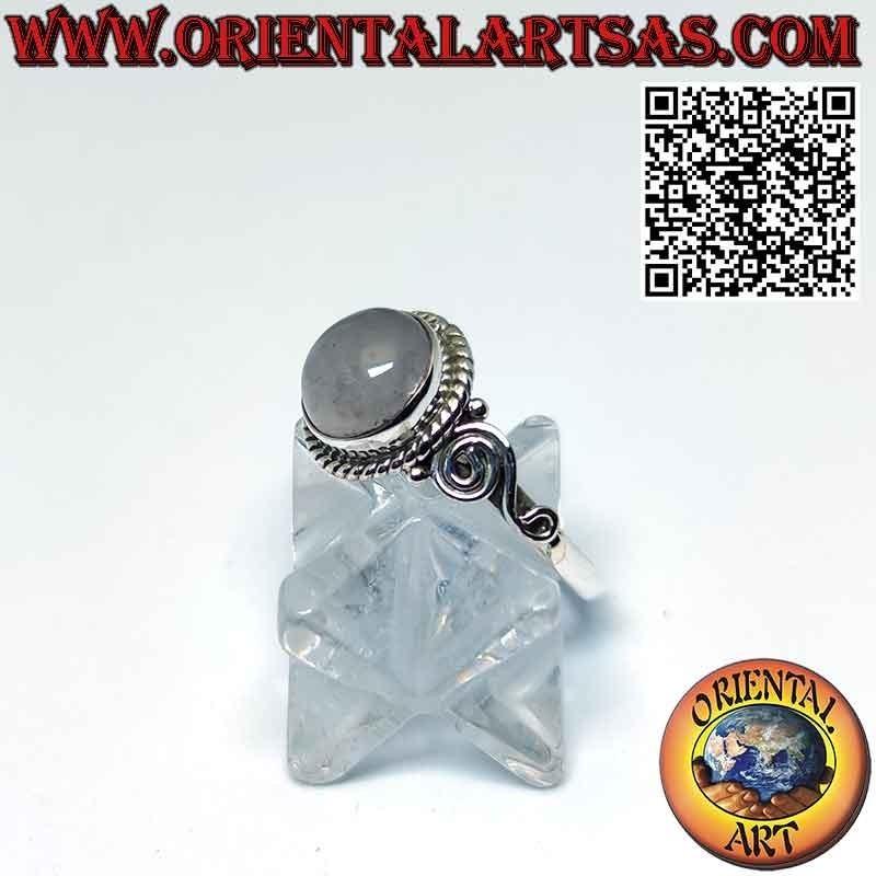 Silver ring with round rose quartz decorated with braid and spiral on the sides