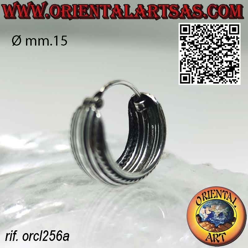Wide circle silver earrings with striped motif, 15 mm. of Ø