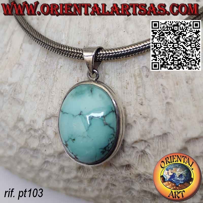 Silver pendant with natural oval Tibetan turquoise and double smooth rounded edge