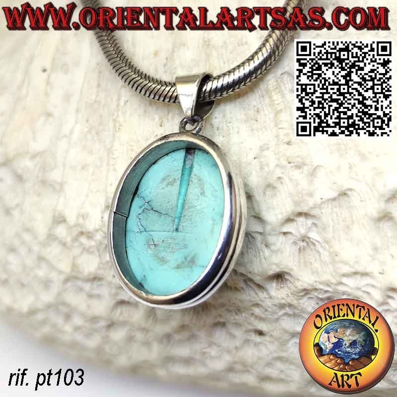 Ciondolo in argento con turchese naturale tibetano ovale e doppio bordo liscio bombato
