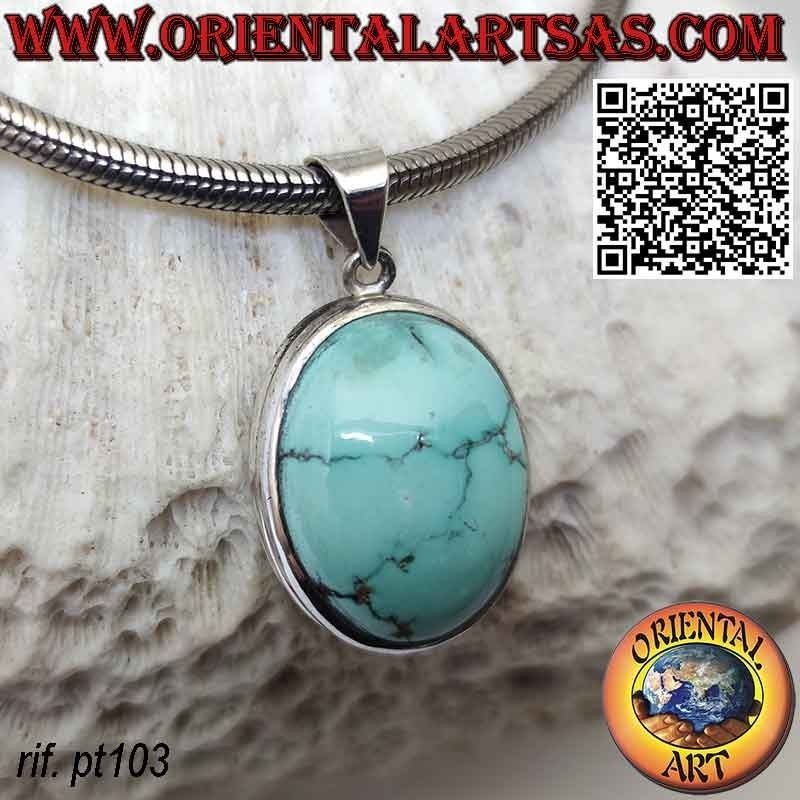 Ciondolo in argento con turchese naturale tibetano ovale e doppio bordo liscio bombato