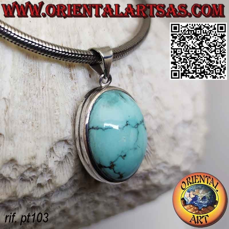 Pendentif en argent avec turquoise tibétaine ovale naturelle et double bord arrondi lisse