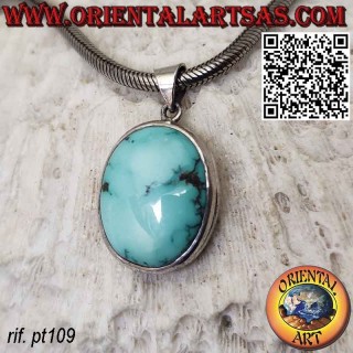 Ciondolo in argento con turchese naturale tibetano ovale bordo alto