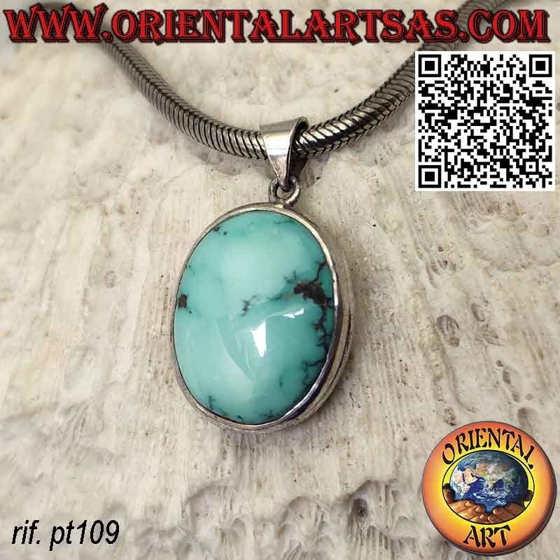 Ciondolo in argento con turchese naturale tibetano ovale bordo alto