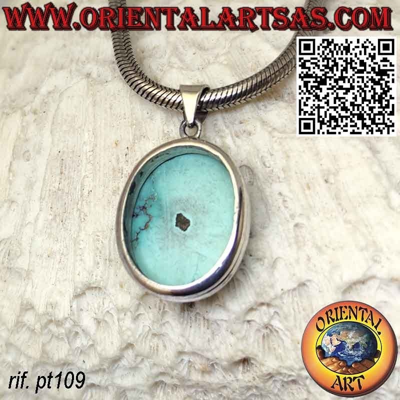 Silver pendant with natural Tibetan turquoise oval high edge
