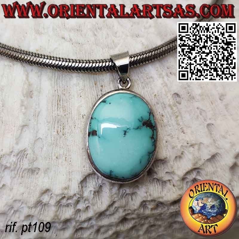 Colgante de plata con borde alto ovalado de turquesa tibetana natural