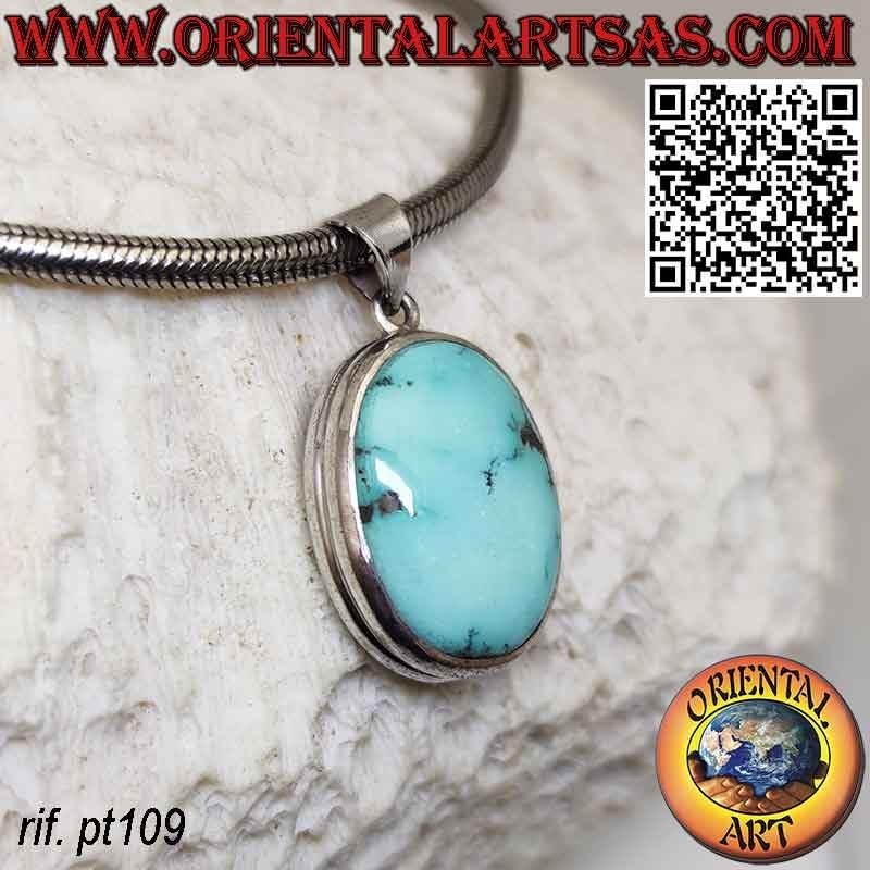 Colgante de plata con borde alto ovalado de turquesa tibetana natural