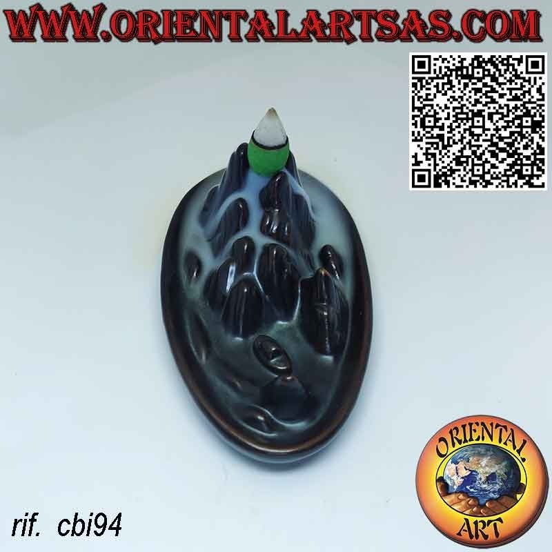 Backflow burner for incense cone mountain cascade of smoke, in ceramic