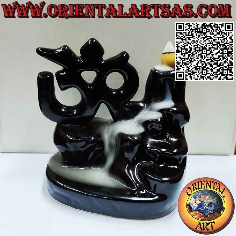 Backflow burner for incense, Aum or Om (ॐ) cone, in ceramic cascade of smoke