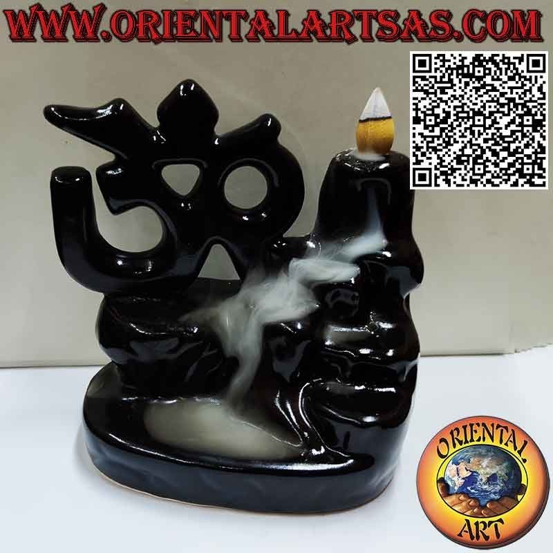 Quemador de reflujo para incienso, cono Aum u Om (ॐ), en cerámica cascada de humo