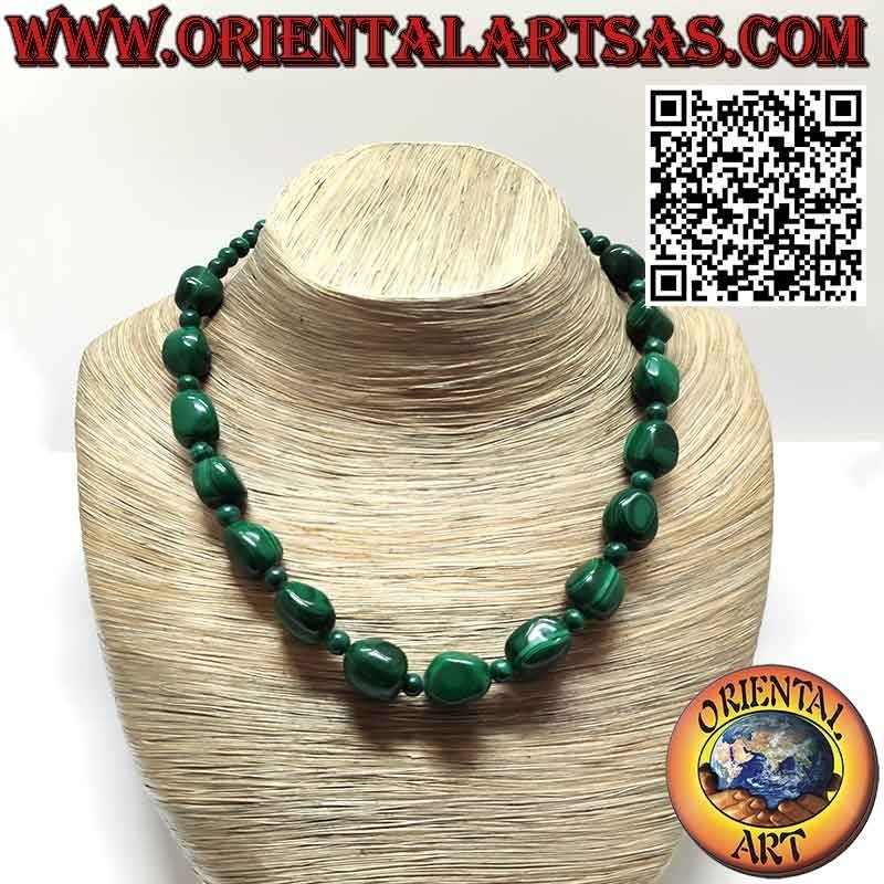 Collana di malachite naturale a ciottoli alternati da piccole sfere