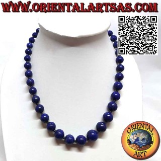 Collier en lapis lazuli naturel avec sphères graduées, fermoir en argent