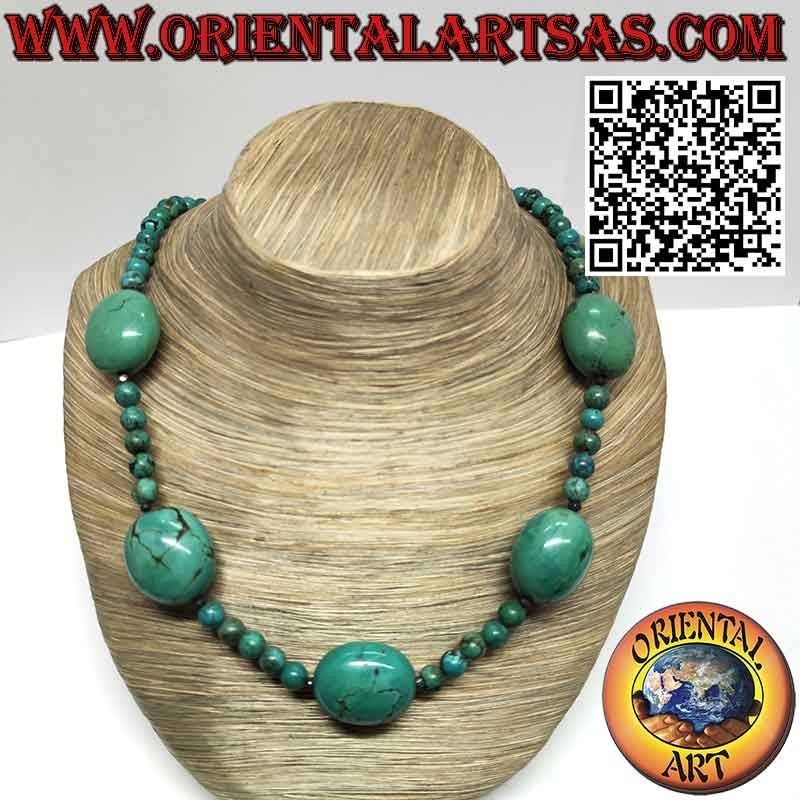 Collar de turquesa tibetana natural 5 óvalos grandes y bolas de 8mm.